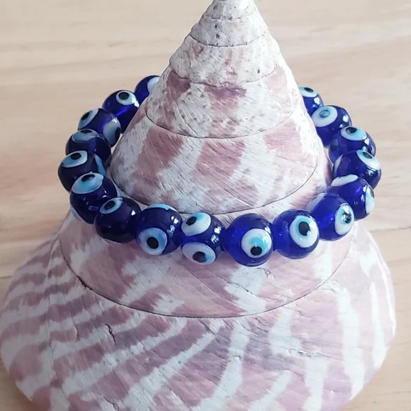 Glass Blue Evil Eye Stretchy Beaded Bracelet - Picture 7 of 7